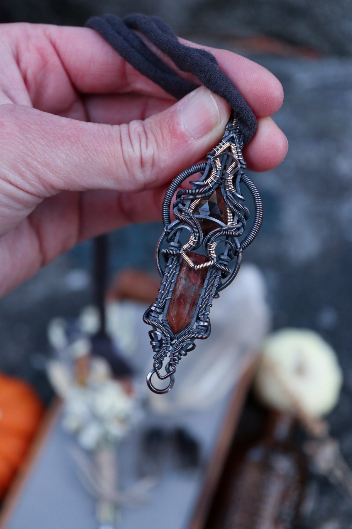 Iron included Quartz and Smoky Quartz set in Copper with Gold