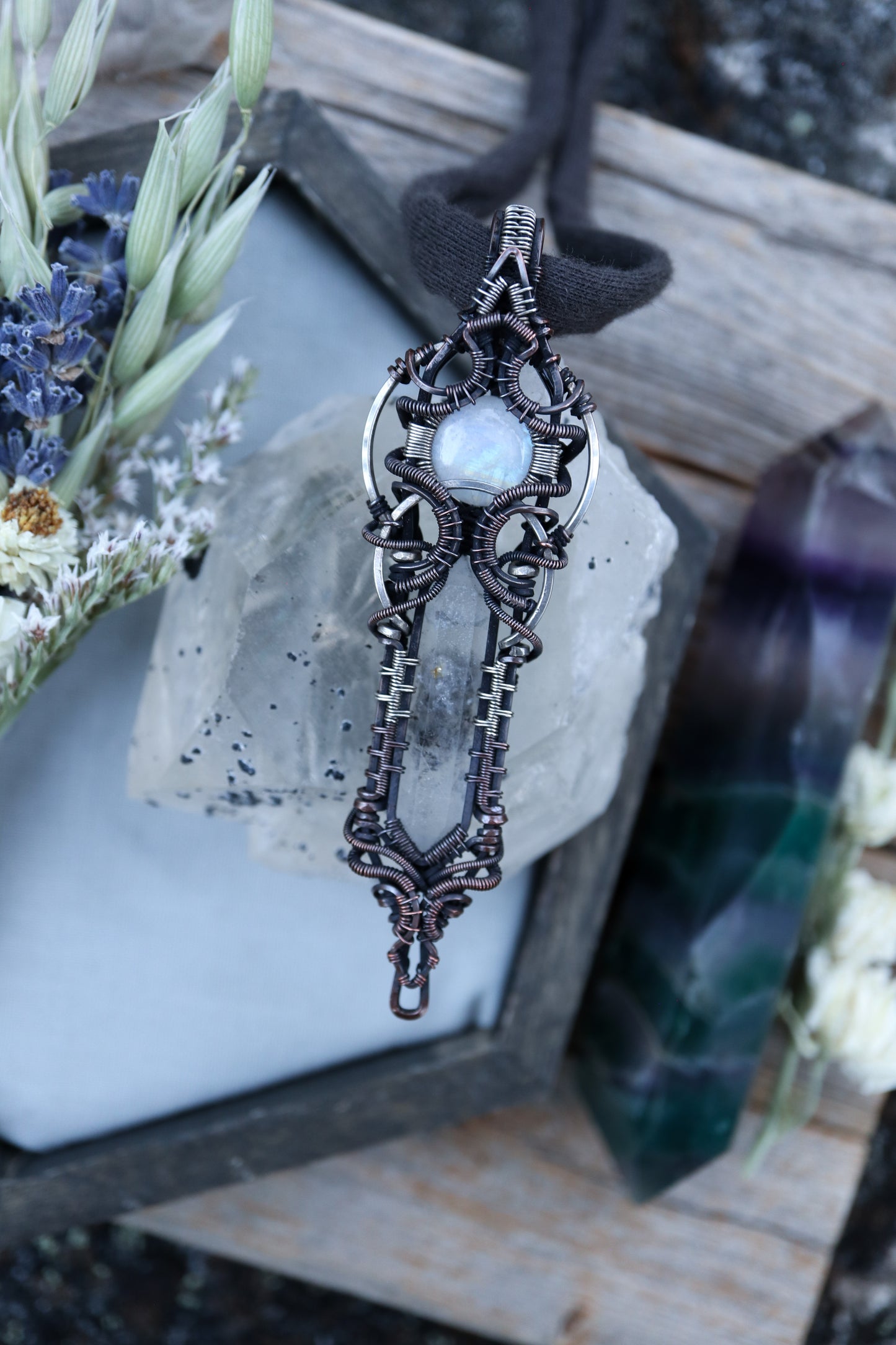 Moonstone and Himalayan Quartz in Copper with Silver