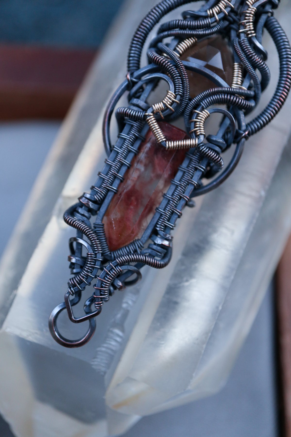 Iron included Quartz and Smoky Quartz set in Copper with Gold