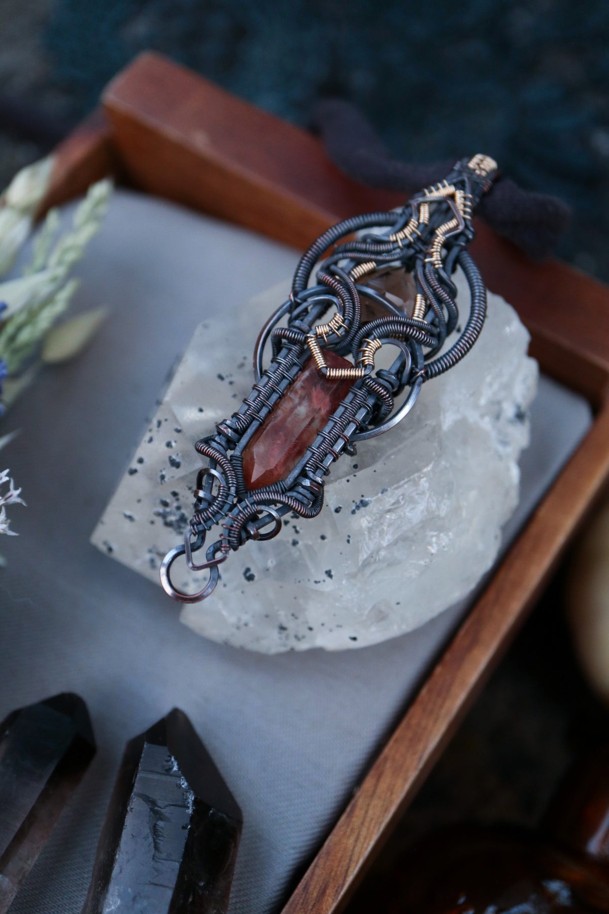 Iron included Quartz and Smoky Quartz set in Copper with Gold
