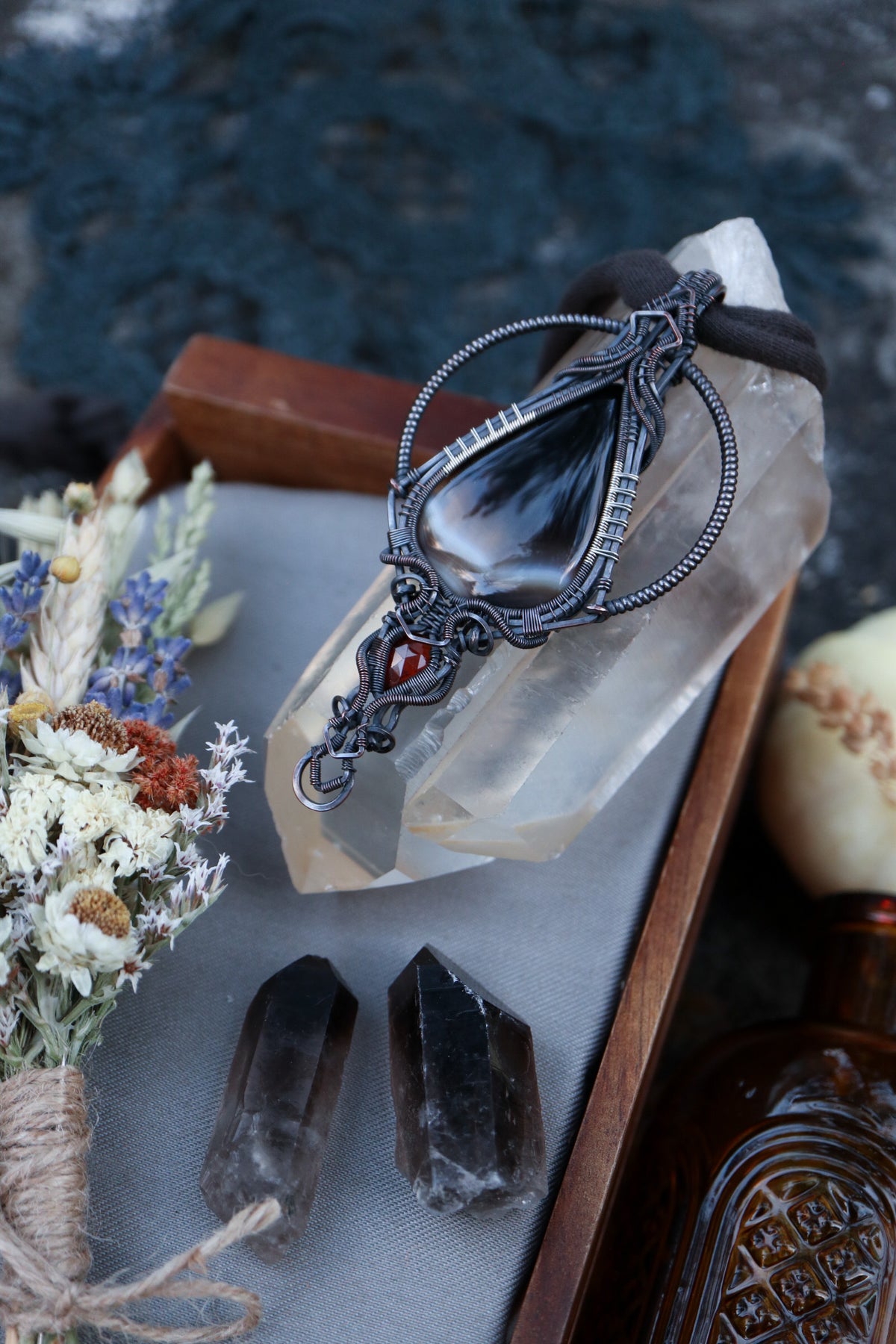 Banded Agate and Hessonite Garnet set in Copper with Silver