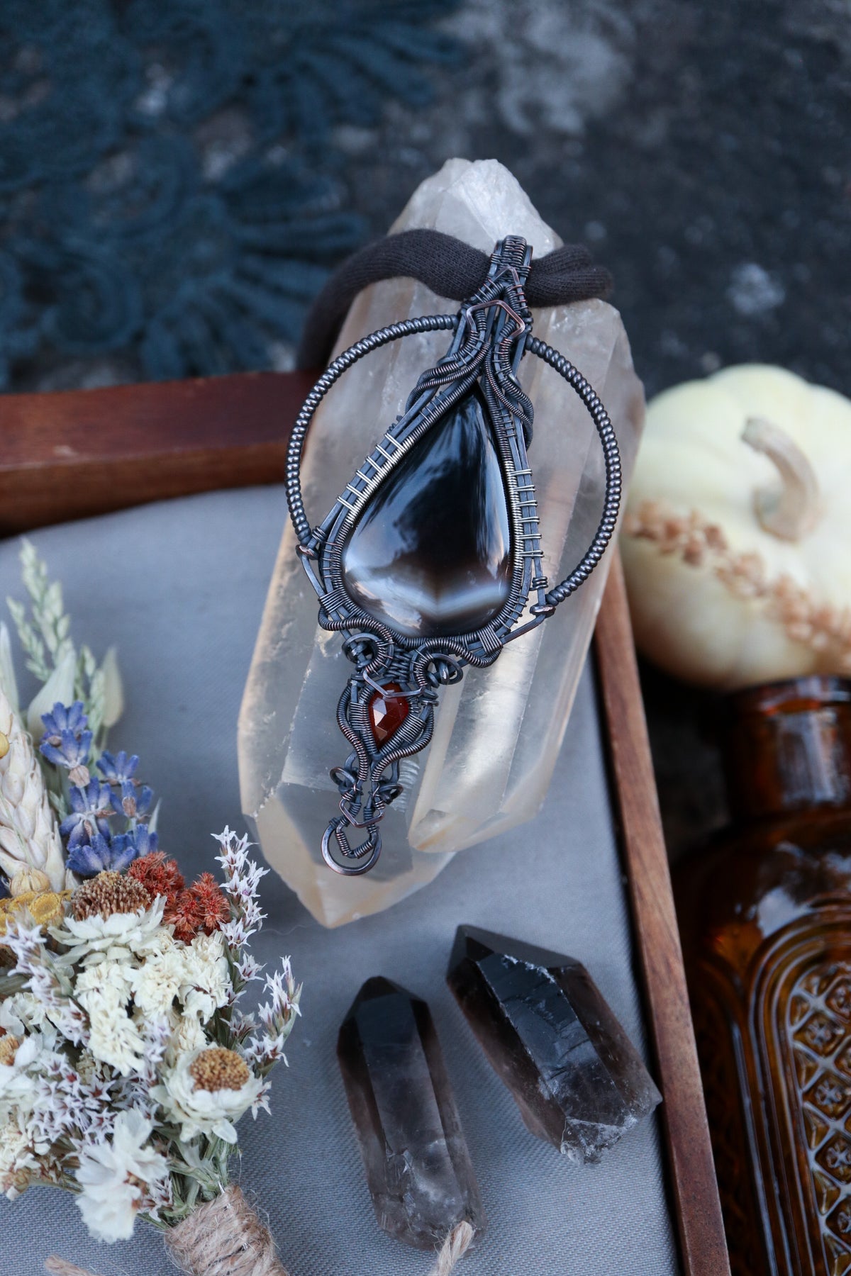 Banded Agate and Hessonite Garnet set in Copper with Silver