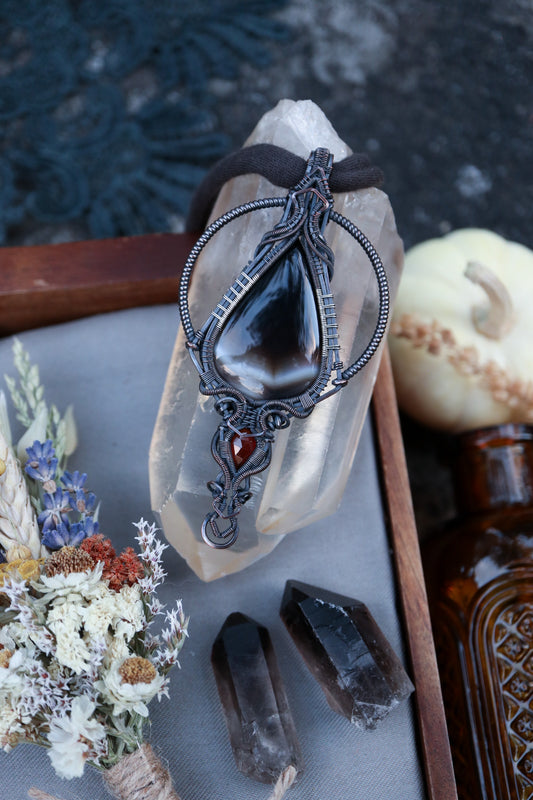 Banded Agate and Hessonite Garnet set in Copper with Silver