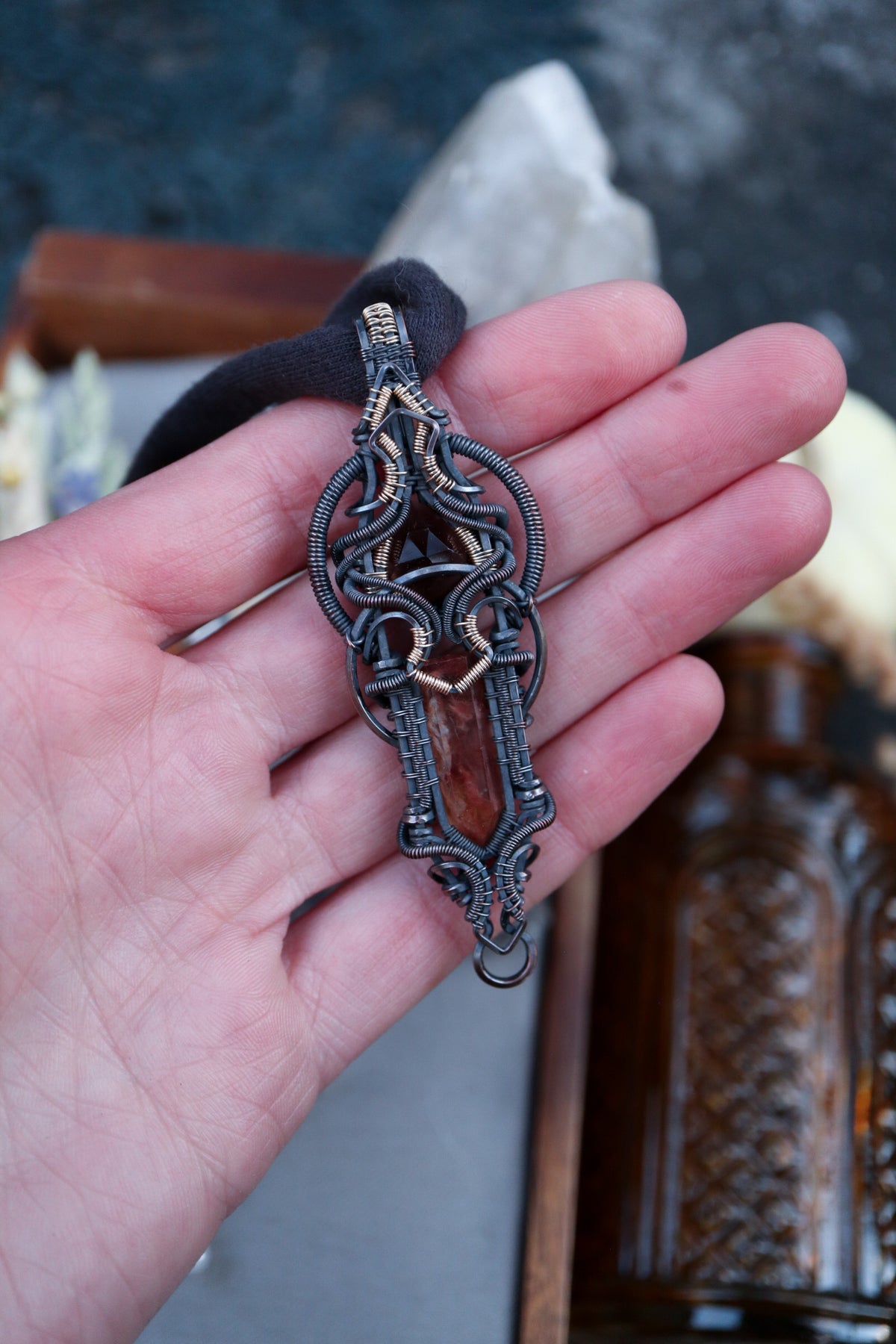 Iron included Quartz and Smoky Quartz set in Copper with Gold