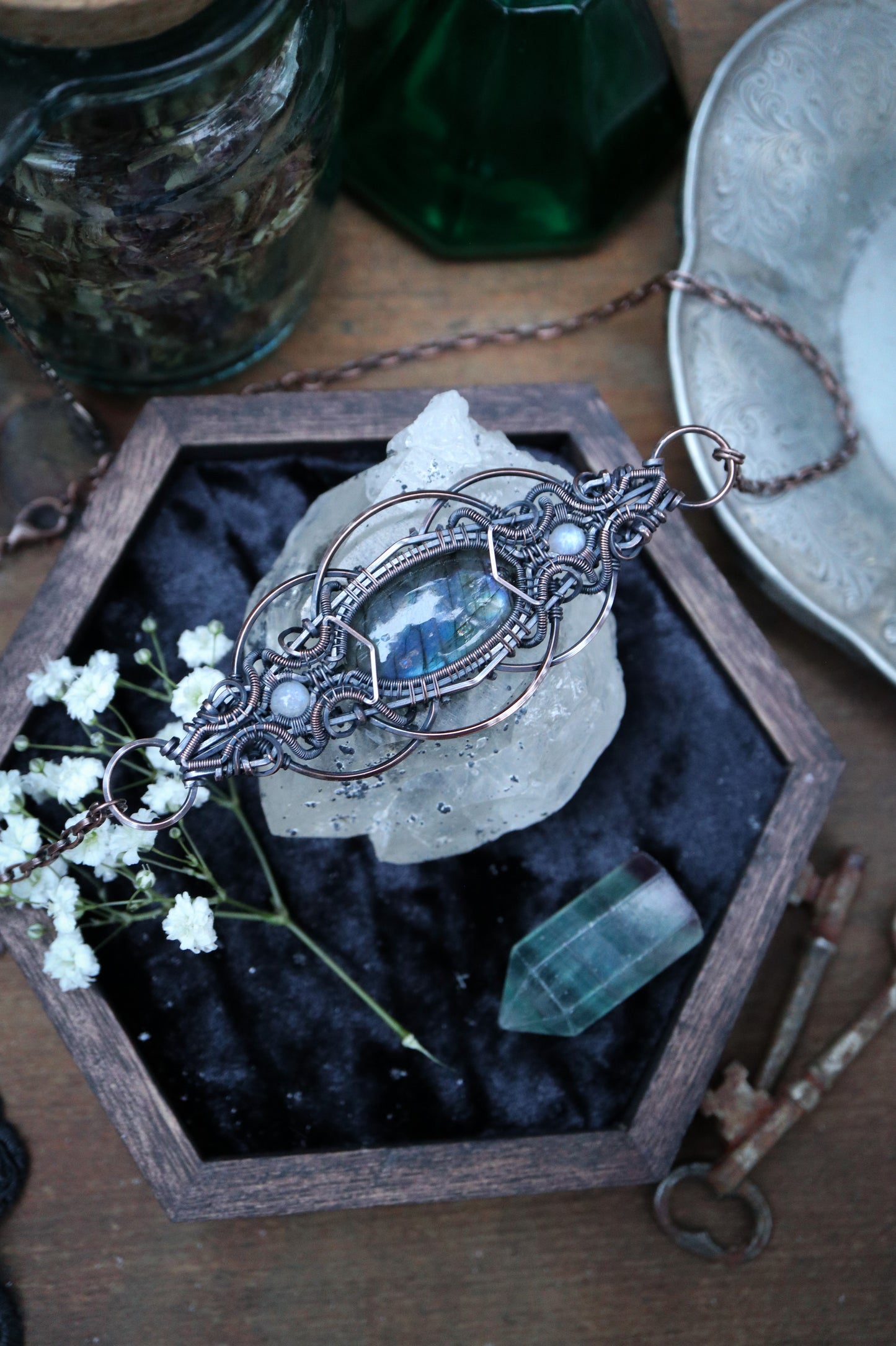 Labradorite and Moonstone in Copper